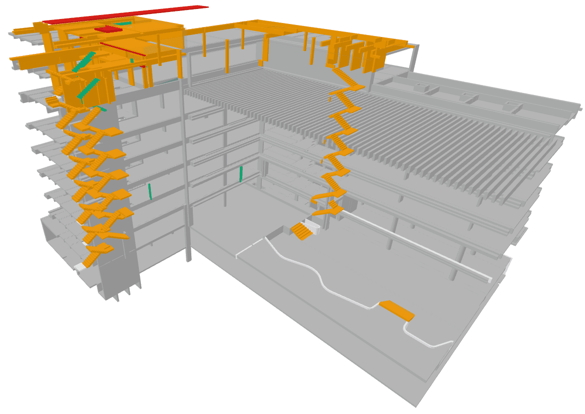Comparação de versões IFC no visualizador 3D AuraMEP: elementos adicionados em verde, removidos em vermelho e modificados em âmbar sobre o modelo em cinza